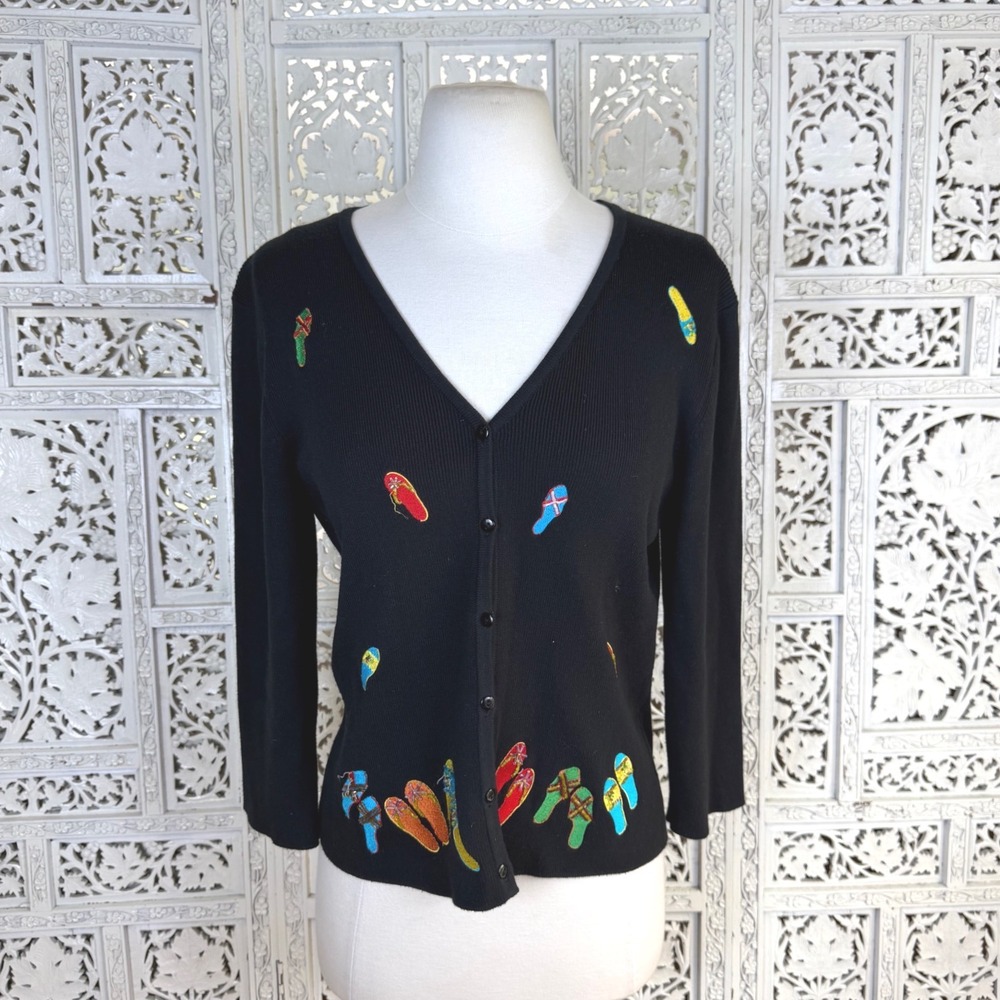 Vtg Flip Flop Quarter Sleeve Beaded Cardigan Womens Medium Granny Beachy Resort